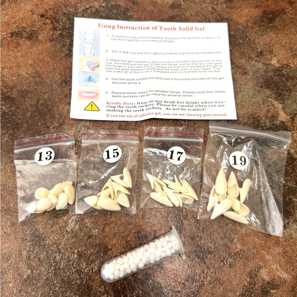 16 Pairs Fake Fangs with Tube Solid Adhesive for Halloween